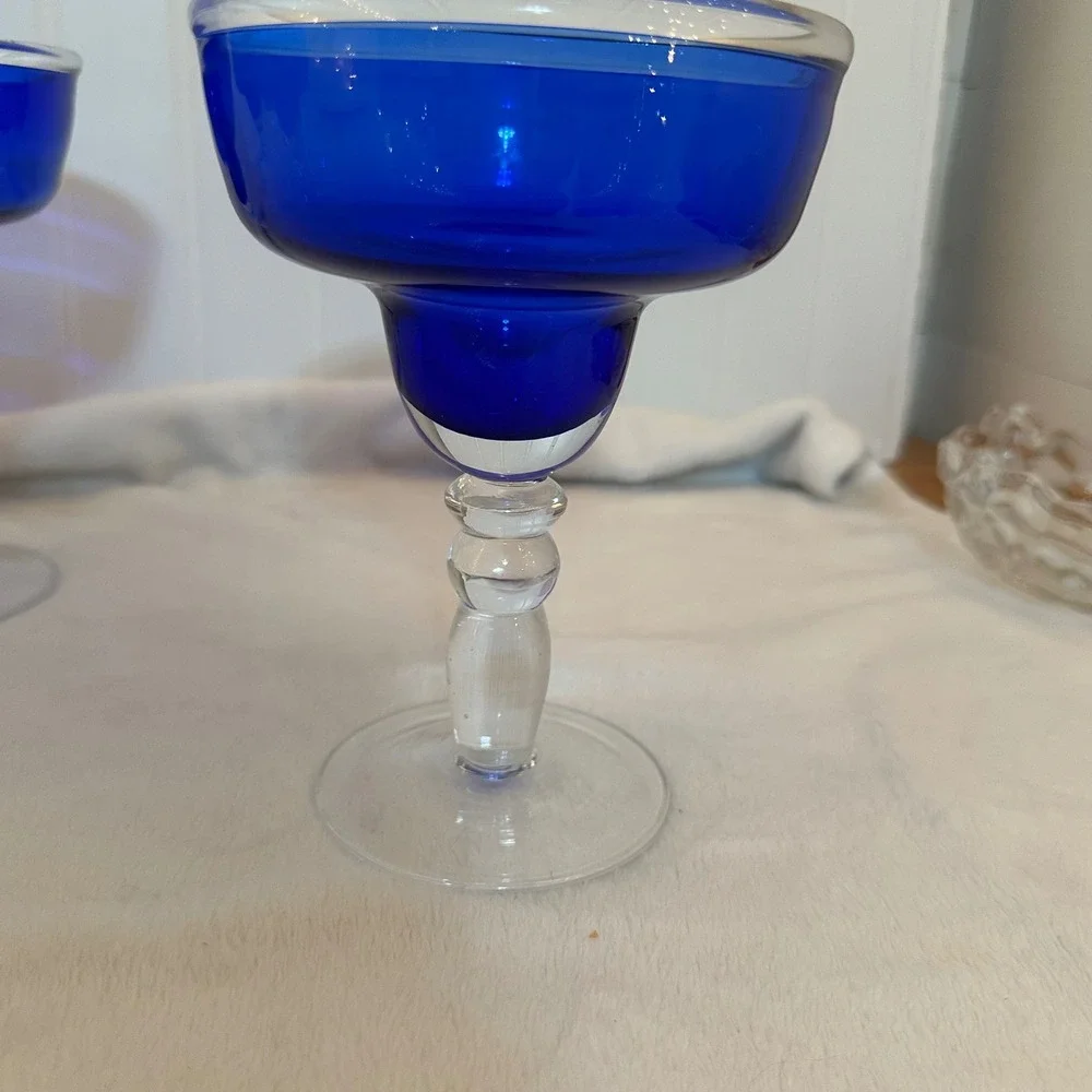 Vintage Margarita Glasses Set of 4 Cobalt Blue Clear Bubble Stem Excellent MCM